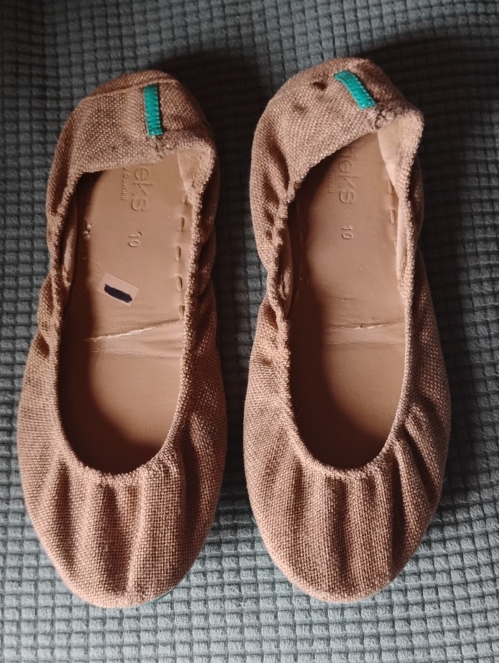 Toms Khaki Linen Ballet Flats with Teal Heel Tab
